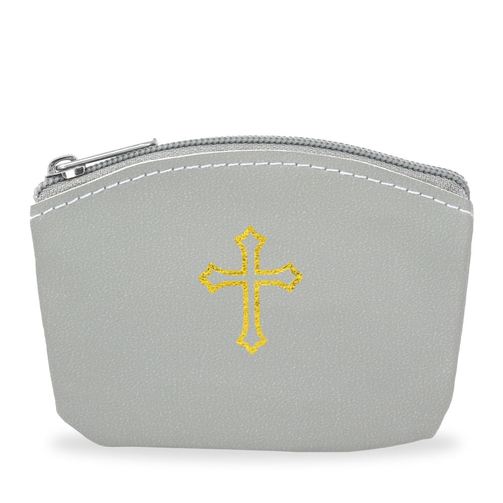 Gray Rosary Pouch with Gold Cross Design and Zipper