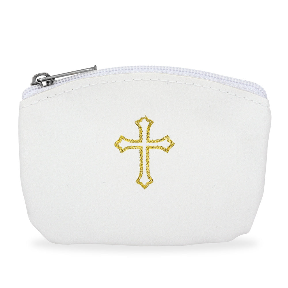 White Rosary Pouch with Gold Cross Design and Zipper