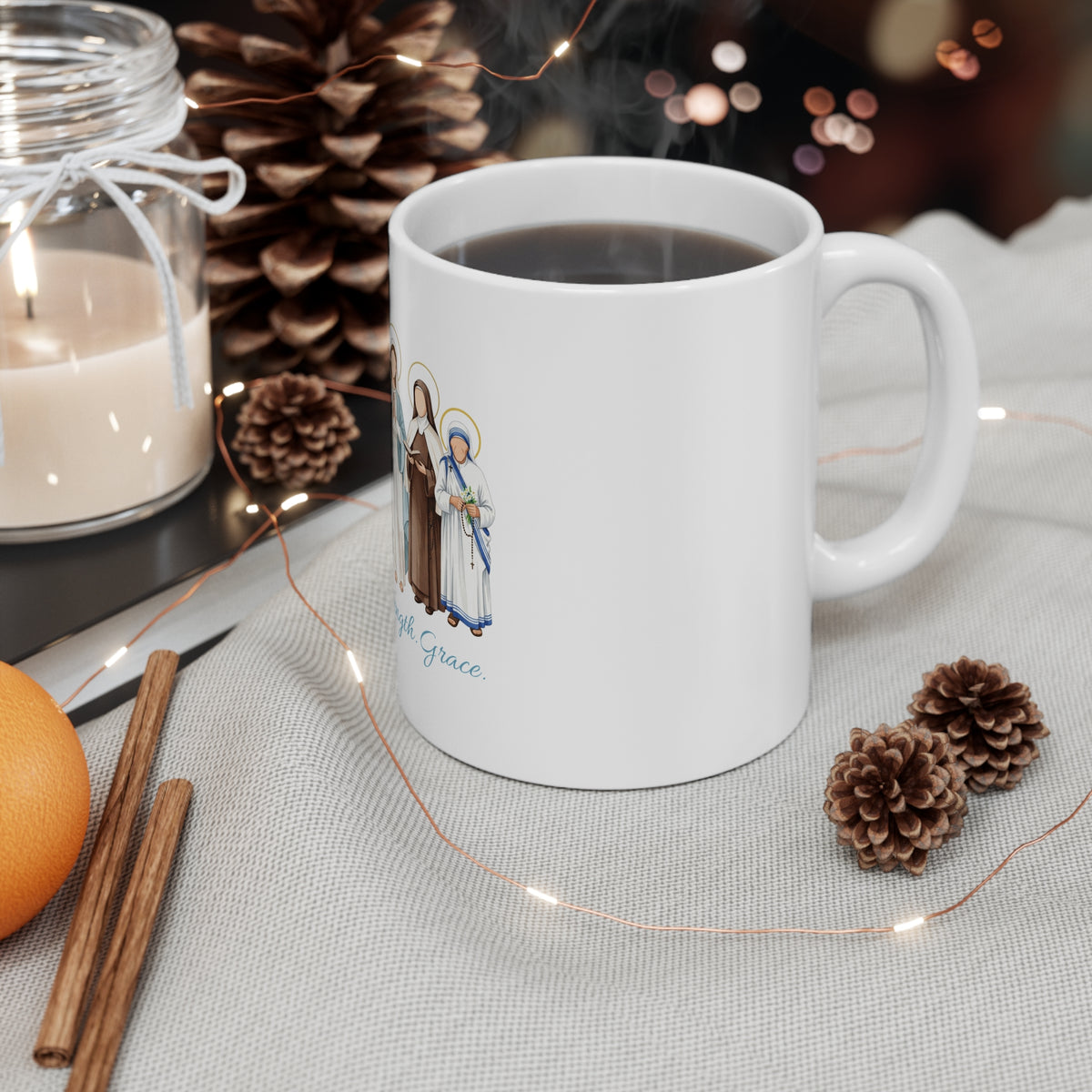 Faith Strength Grace Catholic Mug - Women Saints 11oz Ceramic Coffee Cup