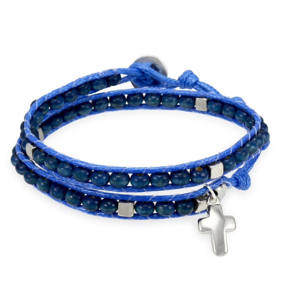Wrap Around Rosary Bracelet, Ladder Design Wooden Beads Cross Charm 8-2503