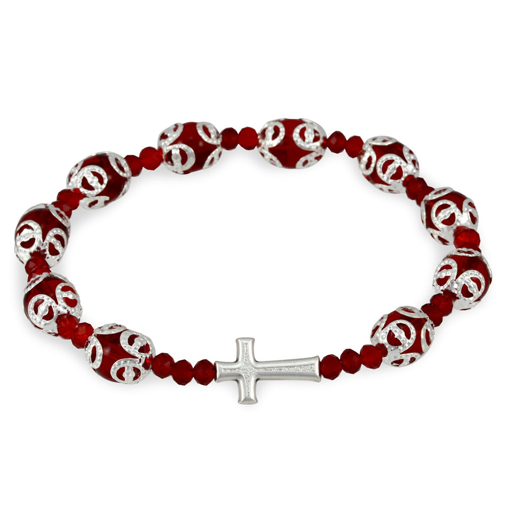 Rosary Bracelet Red Glass Capped Filigree Beads