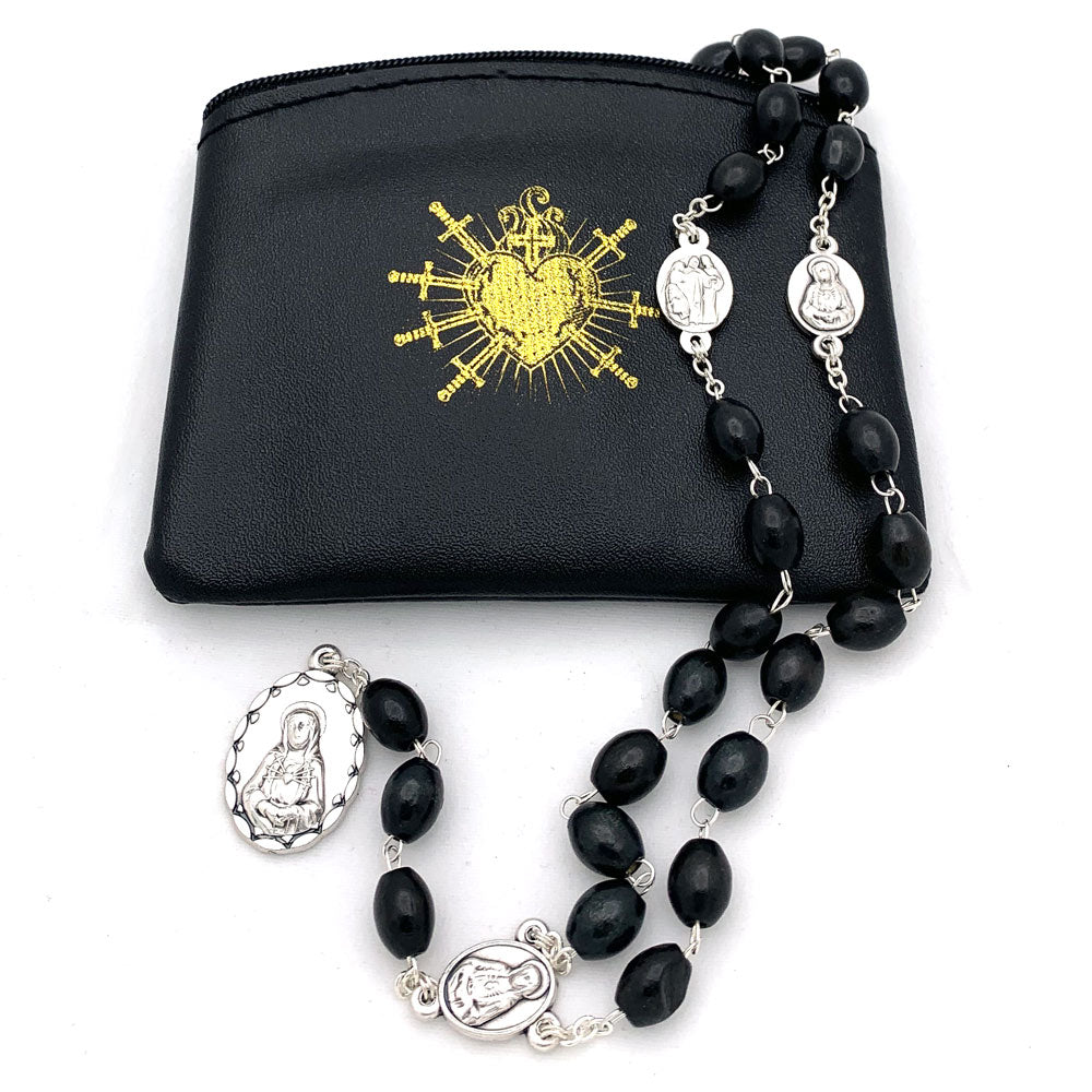 Seven Sorrows of Mary Rosary Chaplet Larger Black Wooden Beads and Matching Rosary pouch Servite Rosary 9-1801BK