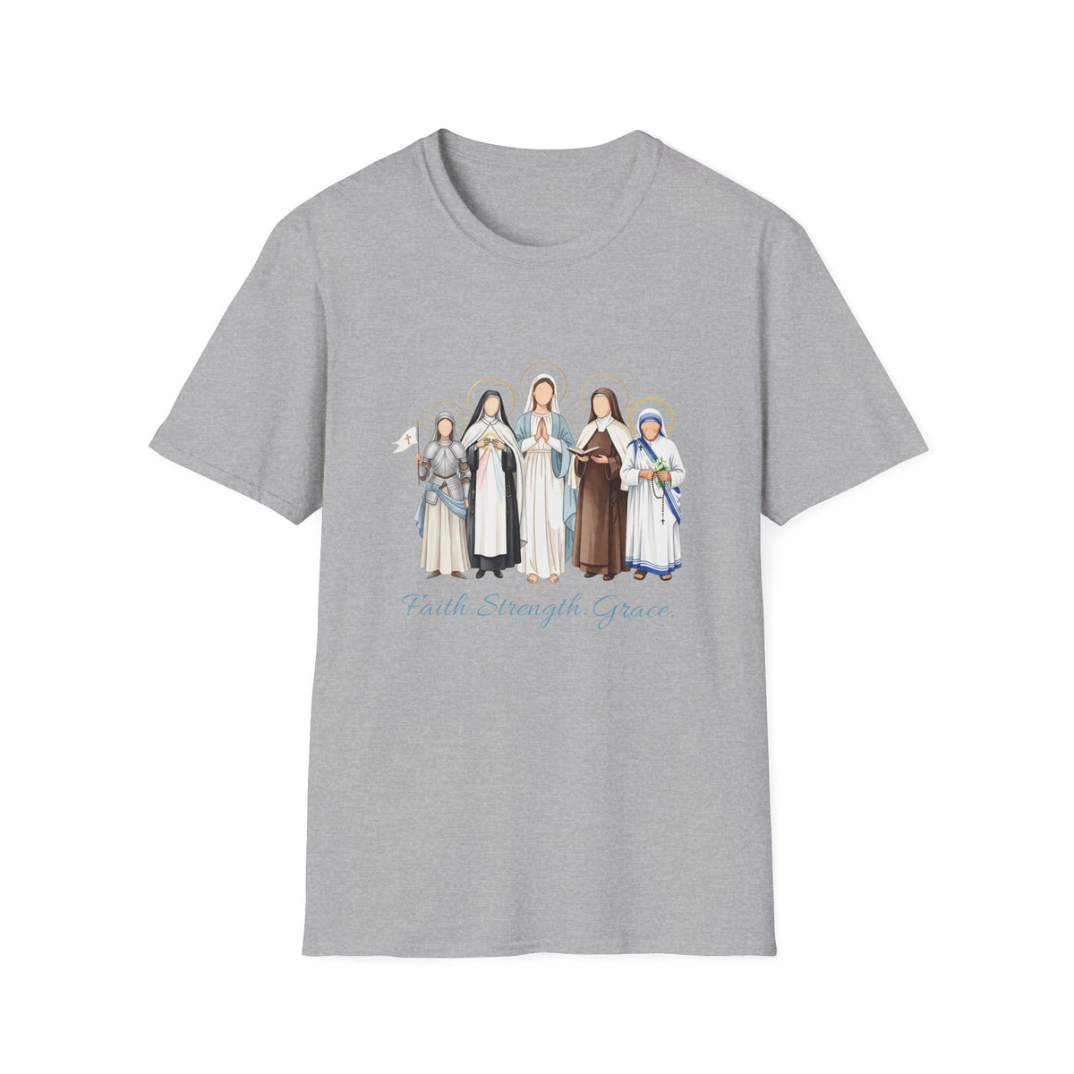 Saints Illustration T-Shirt — "Faith, Strength, Grace" Catholic Devotional Tee
