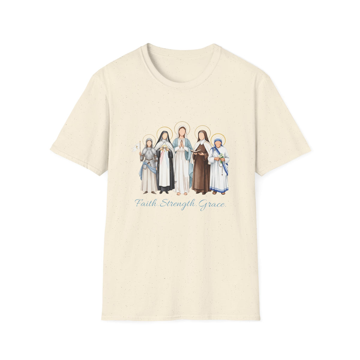 Saints Illustration T-Shirt — "Faith, Strength, Grace" Catholic Devotional Tee
