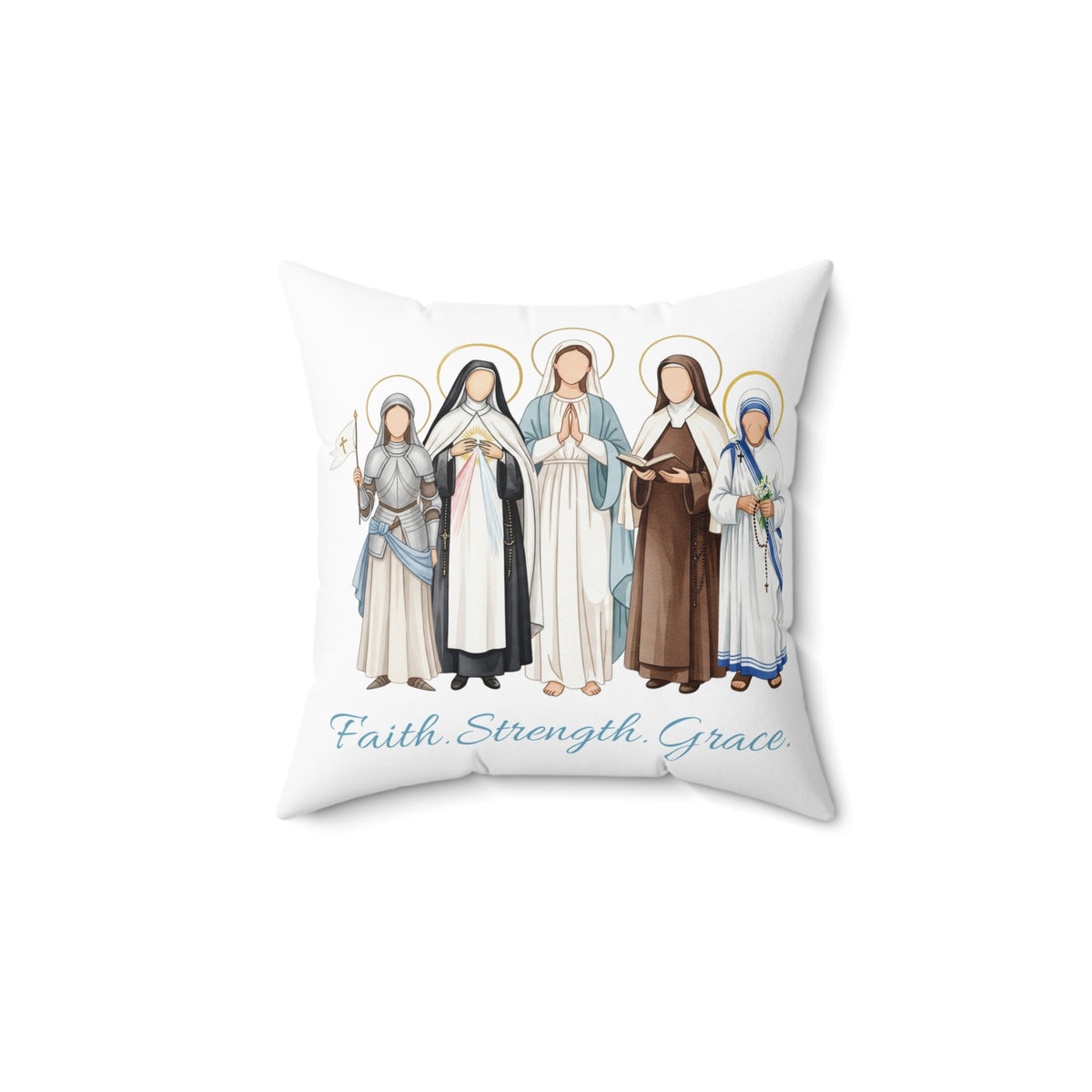 Faith, Strength, Grace,- Catholic Square Pillow - Women Saints One-Sided Throw Pillow