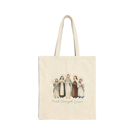 Faith Strength Grace Catholic Tote Bag - Women Saints Cotton Canvas Faith Sisters Bag