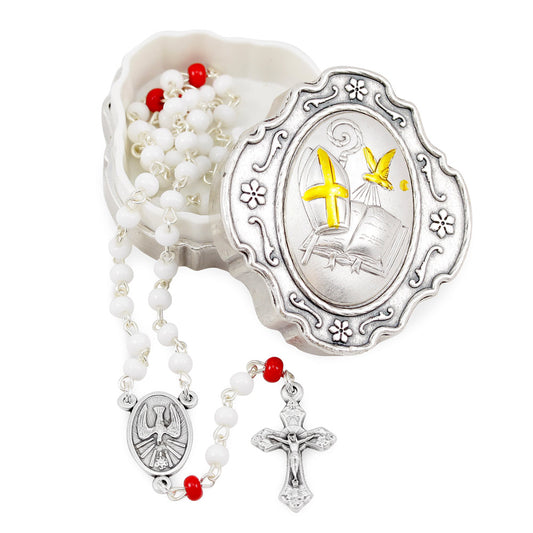 Holy Spirit Rosary White Glass Beads and Box Gift Set