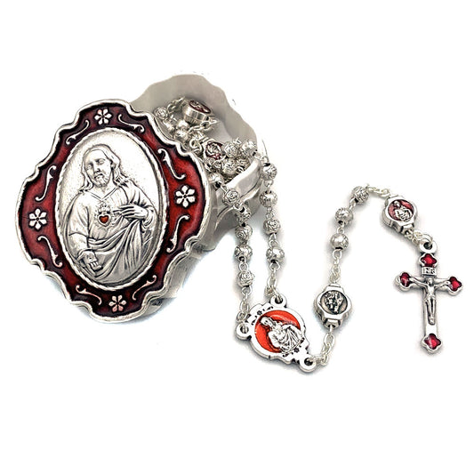 Sacred Heart of Jesus Rosary Metal Beads and Box Gift Set 4-1415
