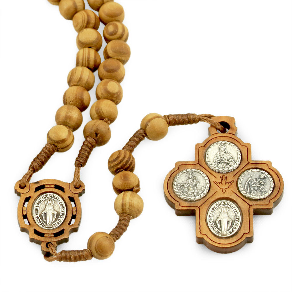 Olive Wood Rosary Beads Miraculous Medal Four Way Cross