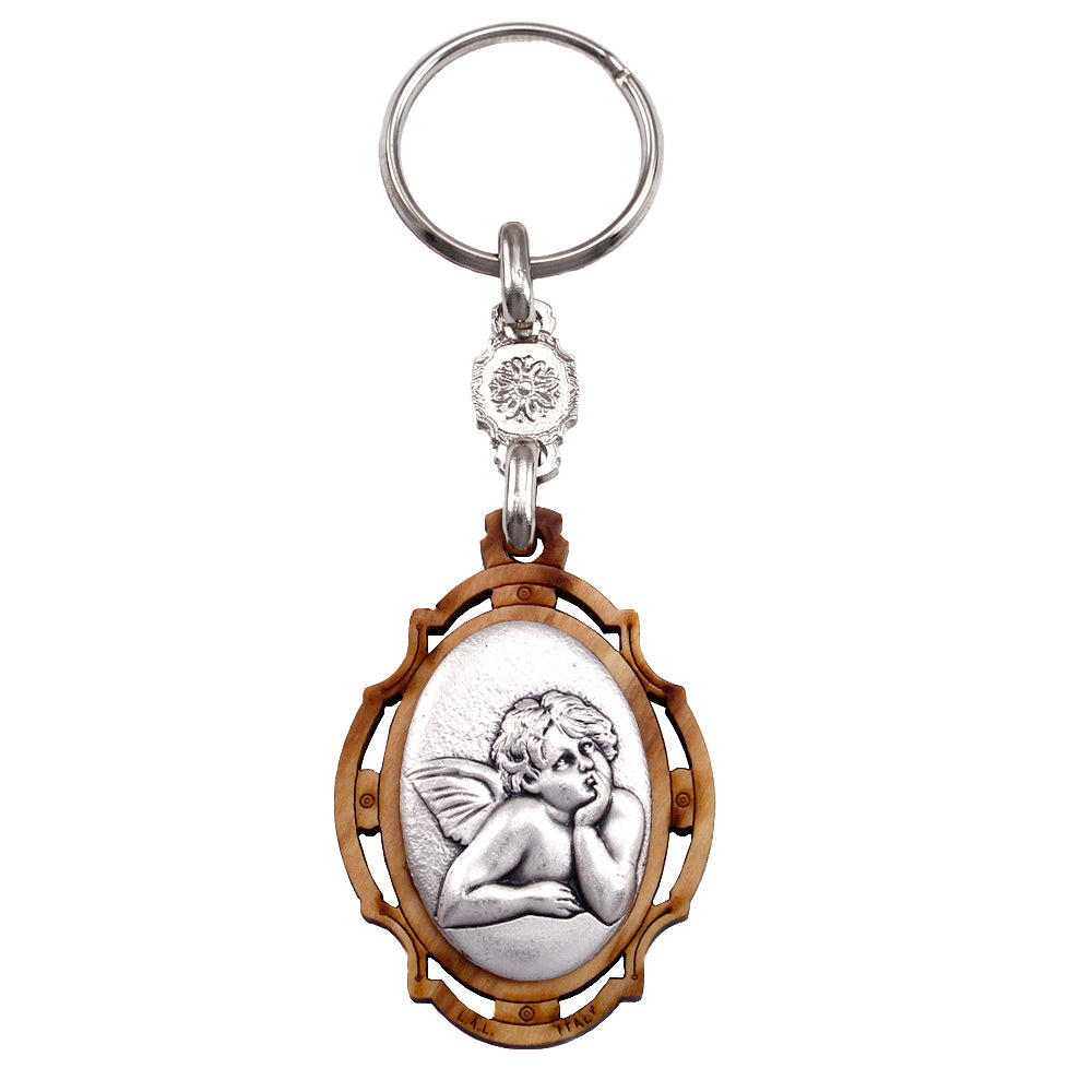Cherub Angel Keychain, Olive Wood with Silver Plated Embossed Image