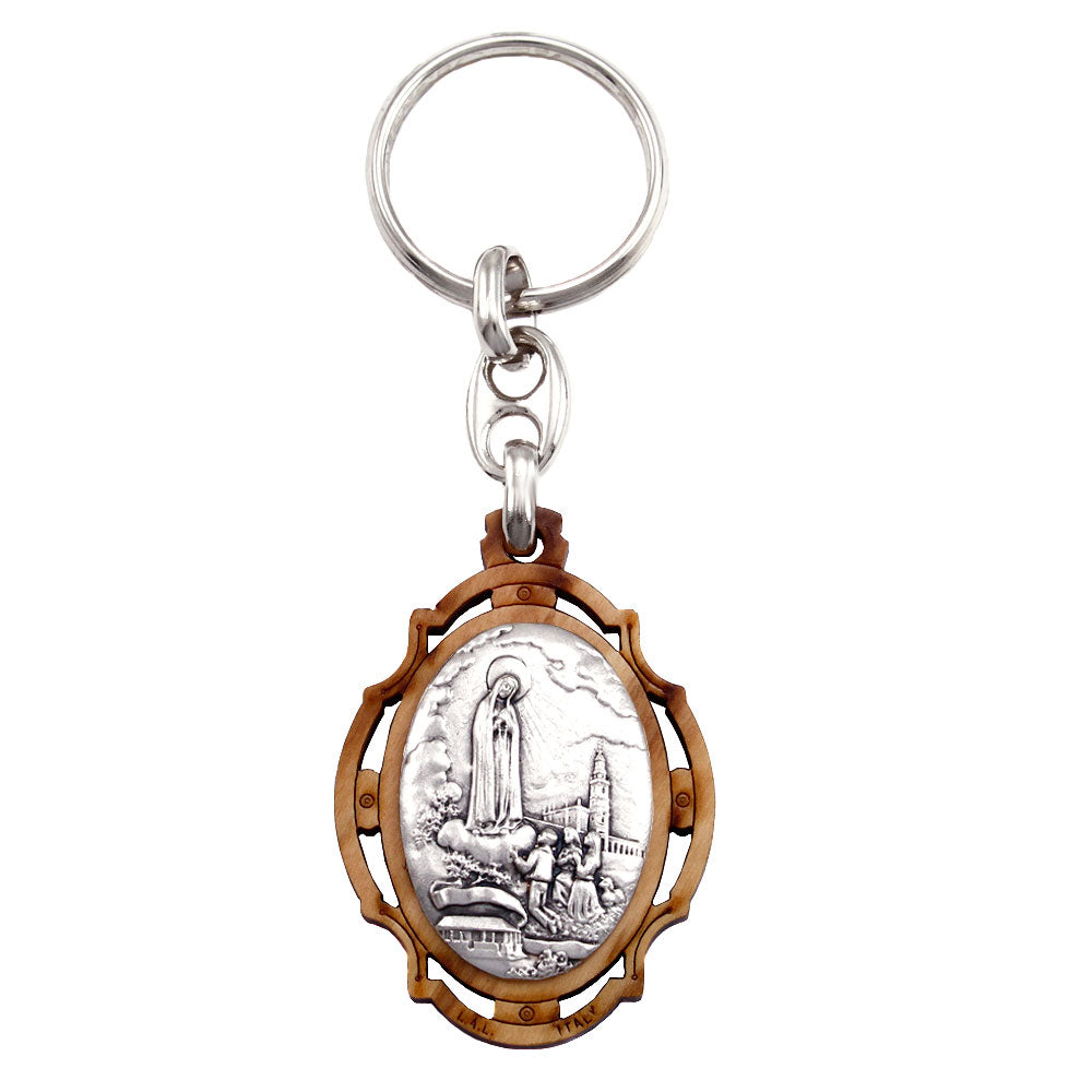 Fatima Keychain, Olive Wood with Silver Plated Embossed Image