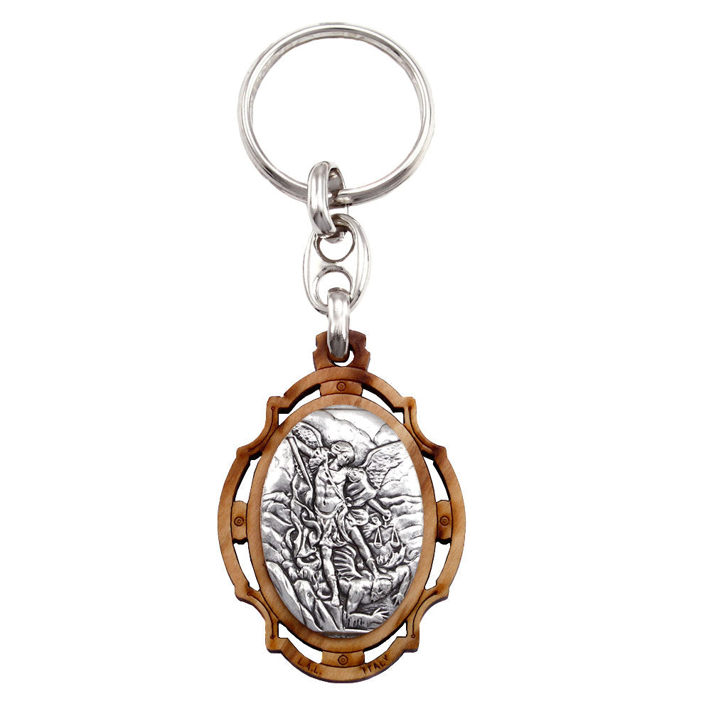 St Michael Keychain, Olive Wood with Silver Plated Embossed Image