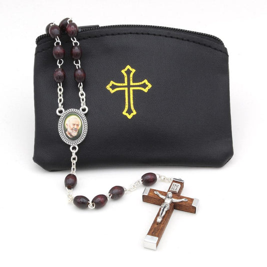 Padre Pio Rosary Wooden Beads Our Lady Medals and Matching Pouch