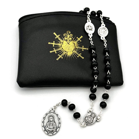 Seven Sorrows of Mary Rosary Chaplet Black Wood Beads and Matching Rosary Pouch ,Servite Rosary 8-1729BK