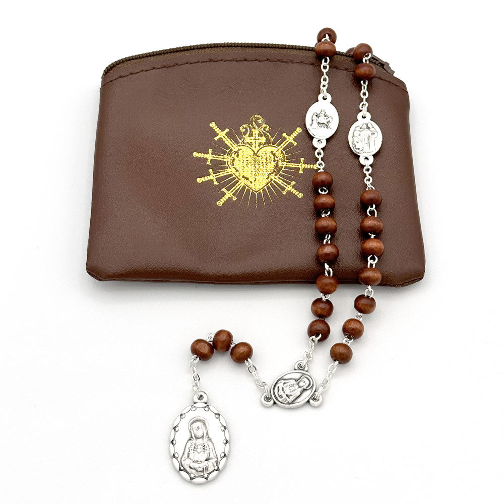Seven Sorrows of Mary Rosary Chaplet  Brown Wood Beads and Matching Rosary Pouch - Servite Rosary 8-1729Bn