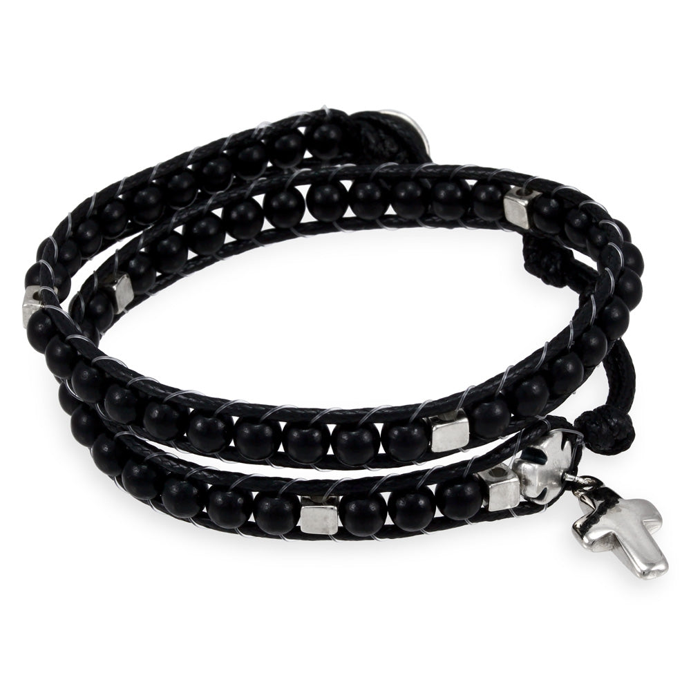Wrap Around Rosary Bracelet, Ladder Design Wooden Beads Cross Charm 8-2503