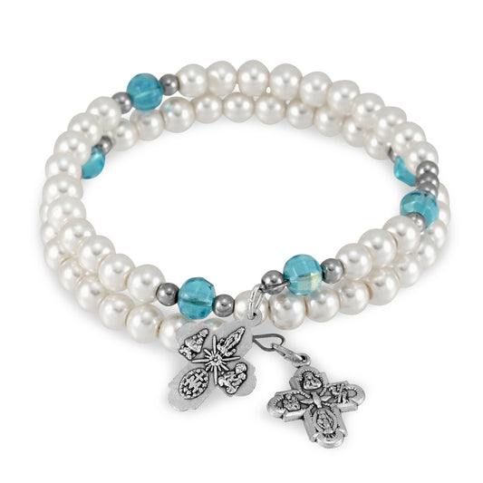 Wrap Around Rosary Bracelet Glass Pearl Beads Four Way Cross