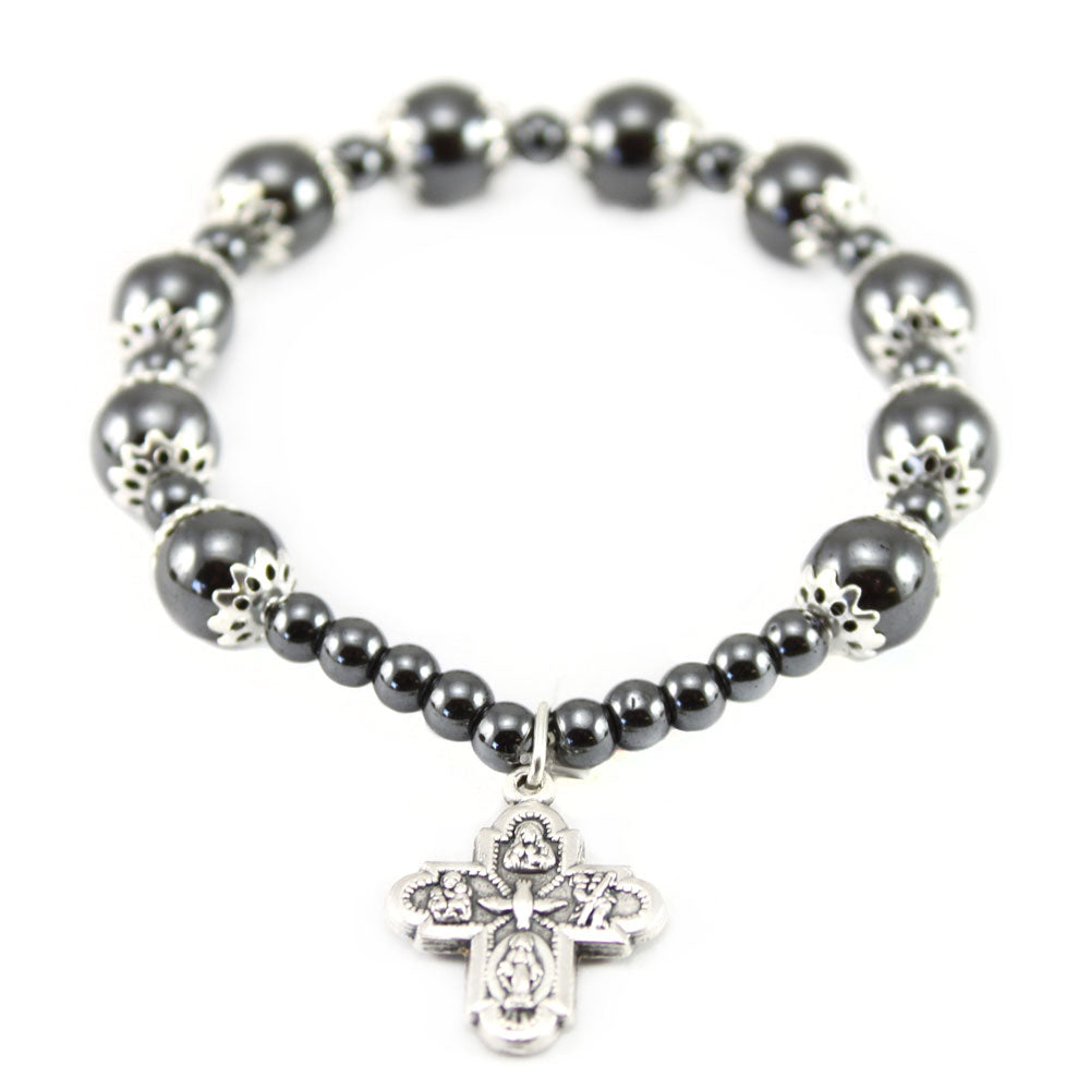 Rosary Bracelet Ealstic Hematite Capped Beads Four Way Cross 8-2813
