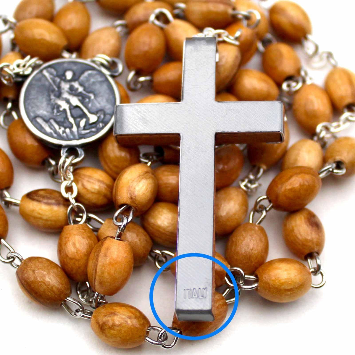 St. Michael Rosary with Olive Wood Beads Wooden Crucifix
