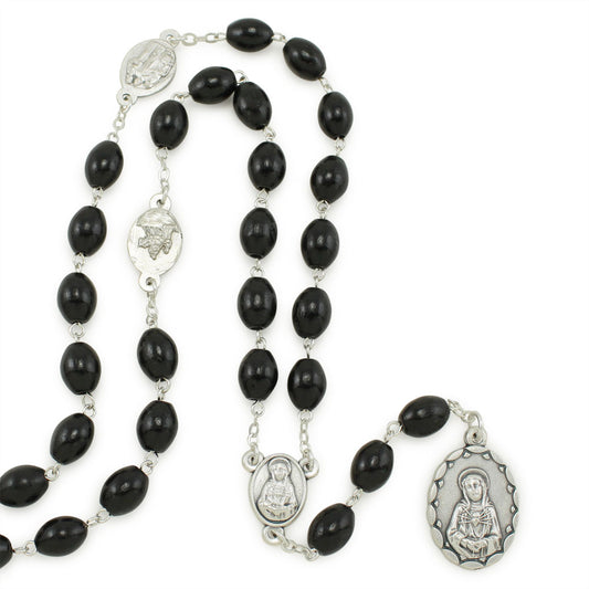 Seven Sorrows of Mary Rosary Chaplet Oval Black Wood Beads - Servite Rosary 9-1805
