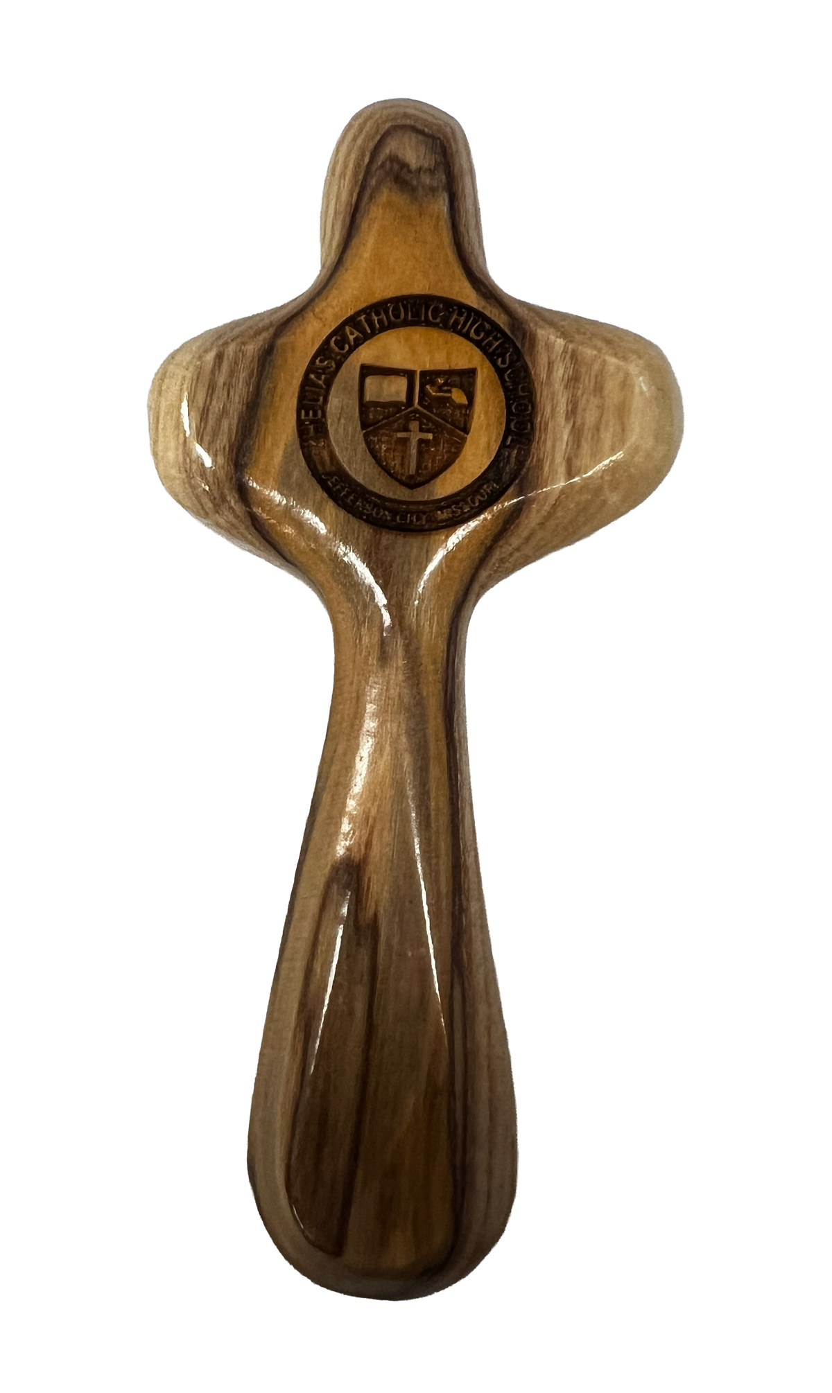 School Logo Engraved Olive Wood Pocket Cross