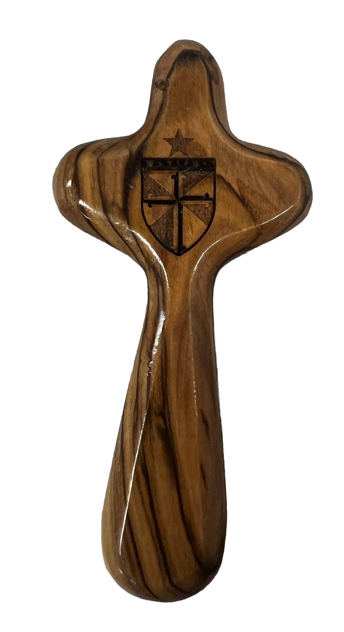 School Logo Engraved Olive Wood Pocket Cross